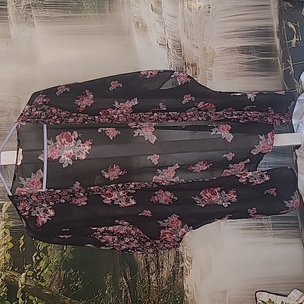Maurices Womens Plus Size Sheer black and pink floral kimono blouse top